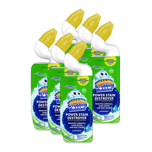 Scrubbing Bubbles Power Stain Destroyer Toilet Bowl Disinfectant, Rainshower Scent, 24 oz Bottle, 6/Carton (309110)