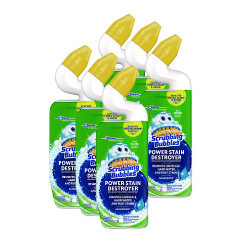 Scrubbing Bubbles Power Stain Destroyer Toilet Bowl Disinfectant, Rainshower Scent, 24 oz Bottle, 6/Carton (309110)