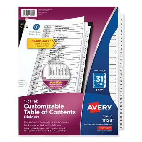 Avery Customizable TOC Ready Index Black and White Dividers, 31-Tab, 1 to 31, 11 x 8.5, 1 Set (11128)